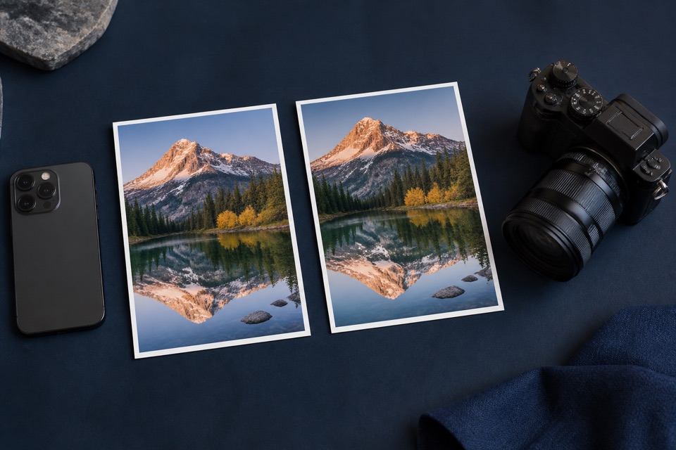 Phone and laptop displaying the same landscape image