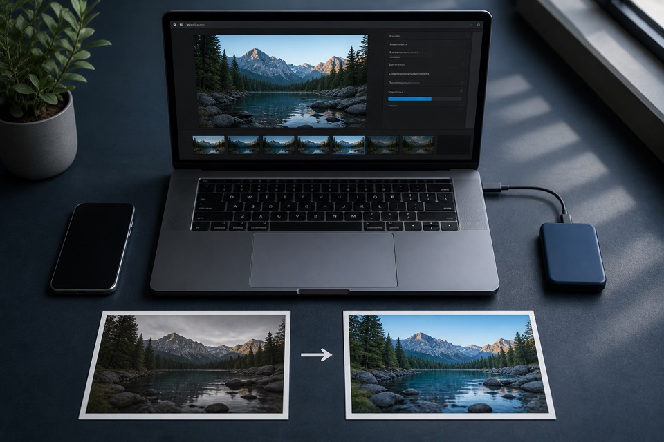 HEIC photos beside a laptop conversion workspace